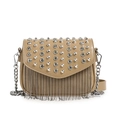 Umhängetasche in Dunkelbeige mit silbernen Nieten, Strass und Metallfransen - Khaki
