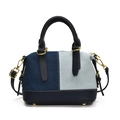 Borsa Boston in denim blu patchwork con manici in pelle e dettagli metallici dorati - Azzurro