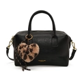 Sac à main Boston noir avec texture litchi et breloque cœur en peluche léopard - Noir (Sans Pendentif)