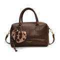 Sac Boston marron foncé avec pendentif cœur léopard et lettrage de marque doré - Café (Sans Pendentif)