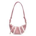 Pink crescent crossbody bag with white sherpa trim and adjustable knotted shoulder strap - Pink