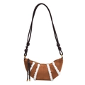 Brown suede crescent bag with white plush stripes and slender shoulder strap - Brown
