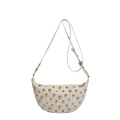 Chic beige crescent shoulder bag with golden rivets and adjustable strap in white background - White
