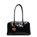Fashionable black glossy PU leather handbag for women with gold charm and shoulder strap - Black