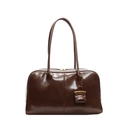 Fashionable dark brown glossy PU leather handbag with vintage Boston style and mini charm - Brown