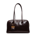 Fashionable dark coffee PU leather shoulder bag with vintage oil-wax finish and mini pendant - Coffee