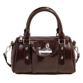 Klassische dunkelbraune Zylindertasche aus glänzendem Lackleder mit Silberteilen - Braun
