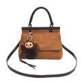 Piccola borsa quadrata in pelle satinata marrone con doppi manici e ciondolo - Marrone (Con Ciondolo Scimmia)