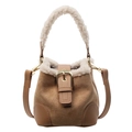 Mini borsa a secchiello in pelle scamosciata marrone e shearling con dettagli dorati - 13*11*12 / Cachi