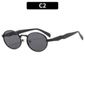 Retro oval sunglasses with black metal frames and dark gray lenses for UV protection - Black Frame Grey Lens
