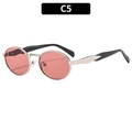 Retro oval sunglasses with silver metal frames and pink transparent lenses, style C5 - Silver Frame Red Lens