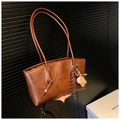 Brown vintage faux leather tote bag with baseball charm and knotted shoulder strap - Brown (With Pendant)
