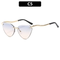 Randlose Cat-Eye-Sonnenbrille mit blau-rosa Verlaufsgeläsern und gewellten Goldbügeln - Blau und Gelb