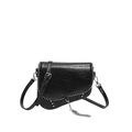 Detail of black saddle bag featuring silver rivets and metal chain fringe on smooth leather - Black