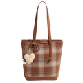 Brown plaid wool tote bag with leather trim and a white heart plush charm accessory - Khaki Without Pendants