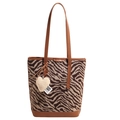 Brown zebra print wool tote bag with leather straps and plush heart charm accessory - Zebra Print (Without Charm)