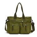 Large capacity army green nylon tote bag with multiple pockets and adjustable shoulder strap - Green