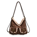 Borsa tote in ecoscamosciato marrone con finiture in shearling e fibbie vintage - Marrone