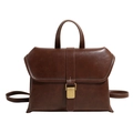 Bolso vintage de cuero PU marrón con hebilla dorada y costuras blancas en contraste - Marrón