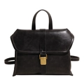 Bolso vintage negro de piel sintética con hebilla dorada y costuras blancas en contraste - Negro