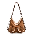 Borsa tote in camoscio marrone con bordo in pile bianco e tasche frontali donna - Marrone