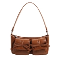 Borsa a tracolla marrone vintage lucida con dettagli a fiocco sulle tasche frontali - Marrone