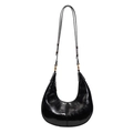 Fashionable black glossy faux leather crescent bag with adjustable strap and gold rings - Black