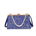 Blue glitter evening bag with pearl handle and golden clasp hardware for women - Blue