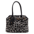 Borsa tote alla moda in ecopelliccia leopardata grigia con manici in pelle nera e fibbia - Nero (Leopardo Grigio)