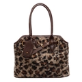 Borsa tote alla moda in peluche leopardato con manici in pelle marrone e fibbia oro - Marrone (Finiture Marrone Scuro Leopardo)
