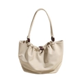 Creamy beige pleated hobo tote bag with vintage wooden bead accents and shoulder strap - Off-white