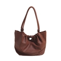 Brown soft leather tote bag with wooden beads and minimalist retro dumpling shape - Brown