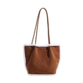 Borsa tote in pelle scamosciata marrone con bordo in lana bianca e tracolla - Marrone