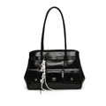 Bolso bandolera de cuero negro brillante con hebillas plateadas y detalle de cinta blanca - Negro Con Nudo de Cuerda de Llave de Letra