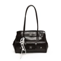 Dark brown high-gloss leather messenger tote bag with decorative tassel and metal hardware - Coffee With Letter Key Rope Knot