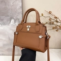 Brown lychee leather tote bag with silver padlock and adjustable shoulder strap - Brown