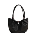 Retro black leather pleated tote bag featuring unique dark reddish wooden bead accents - Black