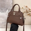 Dark brown lychee grain leather tote bag with silver lock and detachable shoulder strap - Brown