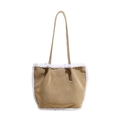 Grande borsa tote in pelle scamosciata kaki con bordo in lana d'agnello bianca - Verde