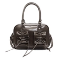 Borsa a mano vintage marrone scuro con tasche decorate con fiocchi e doppi manici in pelle - Grigio
