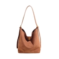 Brown suede hobo tote bag with a gold metal lock and long shoulder strap for women - Brown