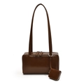 Caramel glossy leather tote bag with rectangular box shape and matching mini pouch accessory - Brown