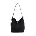 Minimalist black faux suede bucket bag featuring a premium gold metallic swivel lock closure - Black