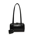 Sleek black patent leather Boston tote bag with long shoulder straps and mini pouch accessory - Black