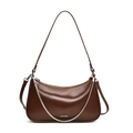 Brown leather hobo shoulder bag with silver chain and NO FILTER text on white background - Brown