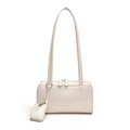 Chic cream white leather Boston tote bag with matching mini pouch and long shoulder strap - White