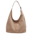 Bolso tote grande de ante marrón para mujer con correa ajustable y costuras verticales - Caqui