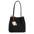 Large black suede tote bag with long straps and white heart plush pendant accessory - With Pendant / Black