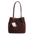 Minimalist brown suede shoulder bag with thin straps and a plush heart charm accessory - With Pendant / Coffee