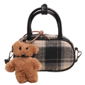 Sac bowling à carreaux noir et gris pour femme avec accessoire ours en peluche marron - Avec Pendentif / Noir